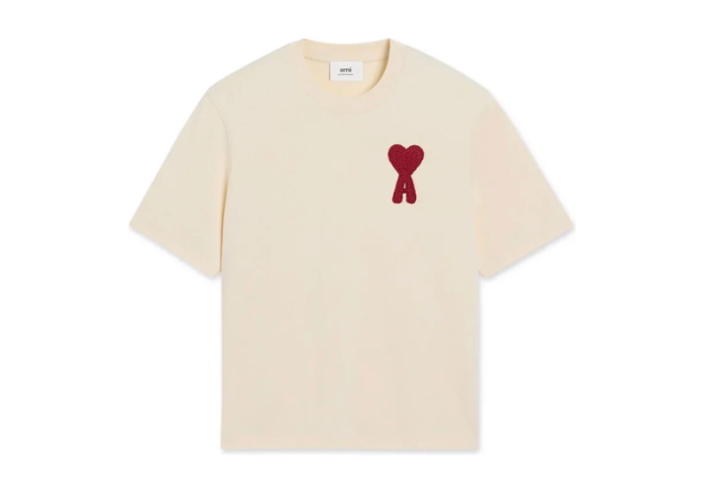 AMI Paris Cotton Ami de Coeur Patch T-Shirt Beige Red