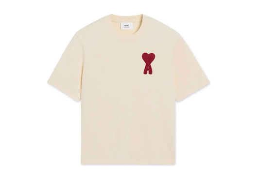 AMI Paris Cotton Ami de Coeur Patch T-Shirt Beige Red