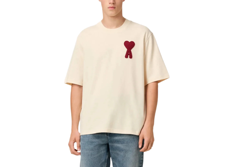 AMI Paris Cotton Ami de Coeur Patch T-Shirt Beige Red